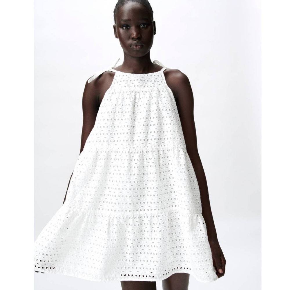 Zara White Openwork Eyelet Mini Dress